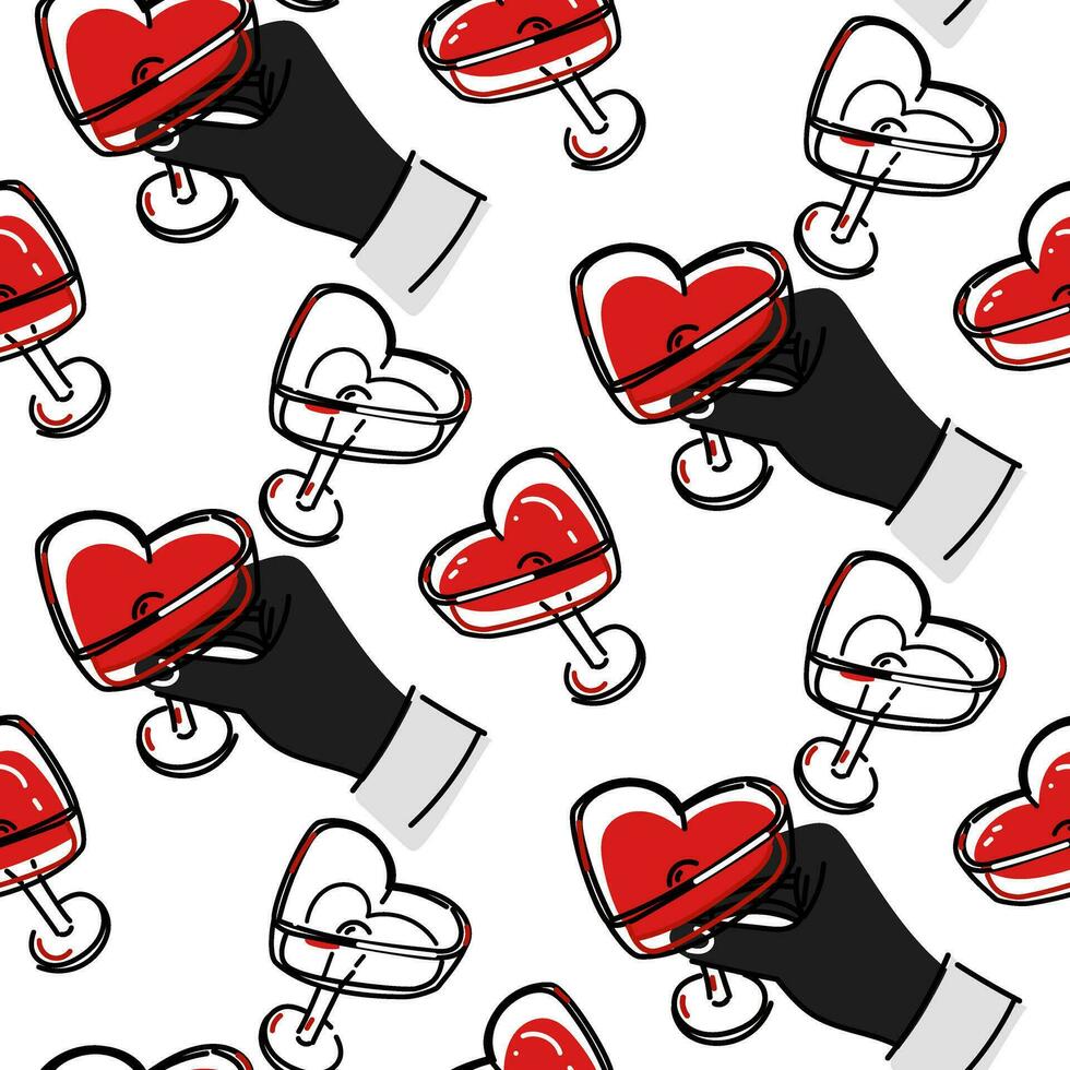 Pattern is a man's hand with a heart-shaped glass. An empty and full glass. Seamless pattern of wedding champagne glasses. Valentine's Day, romantic date on a white background vector