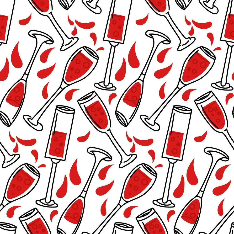 The pattern is glasses with red alcoholic beverages. Glasses with poured red alcohol, splashes, pour. Flat vector doodle ornament. Valentine's Day in red and black colors on a white background