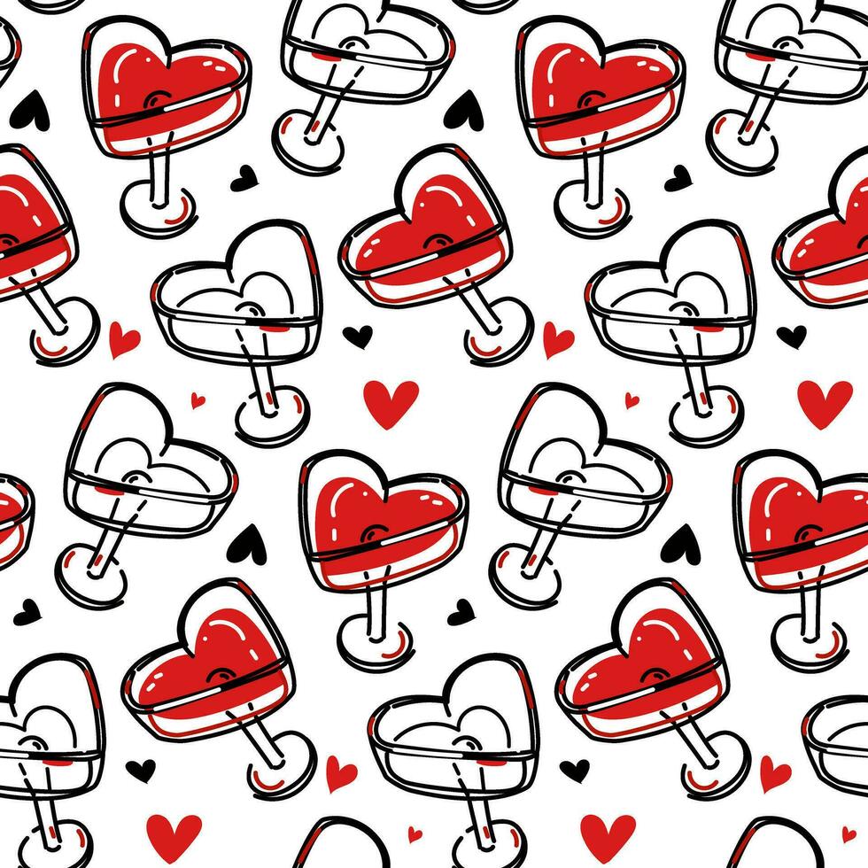 Heart-shaped glasses pattern, top view. Alcohol in glasses wine festival concept, date. Flat vector illustration of a pair of glasses for lovers. Heart, alcohol, packaging. Print Design