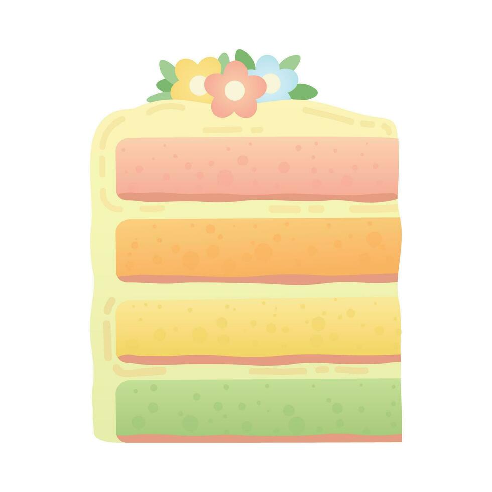 Slice of cake with flowers. Piece of cake for Happy Birthday greeting card, sticker, banner, and postcard. Vector illustration isolated on a white background.