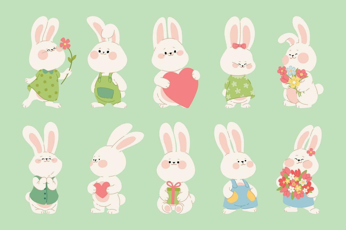 Collection of cute rabbits in love. Cartoon characters of happy bunnies couples with gifts, hearts, flowers. Kawaii hares for Valentine's Day card, sticker, banner, package design. Vector illustration