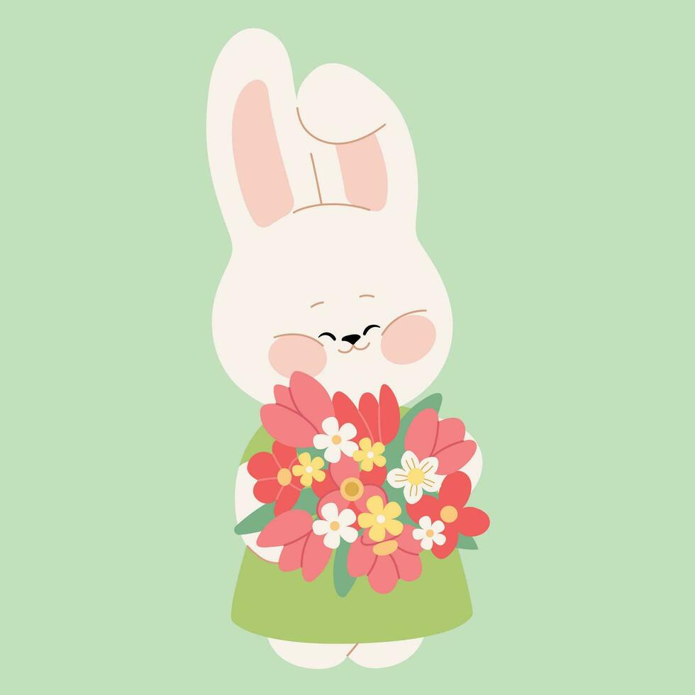 A cute white bunny girl holds a flower bouquet. Flat cartoon rabbit character for a Happy Valentine's Day, Easter, or Birthday greeting card, invitation, sticker, or banner. Vector illustration.