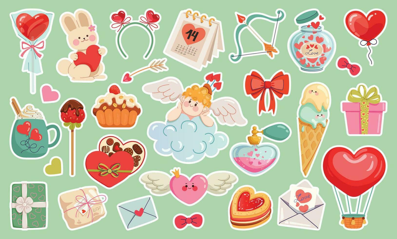 Happy Valentine's Day stickers collection. Decor for Valentine cards, letters, and package design. Vector stickers with love symbols.