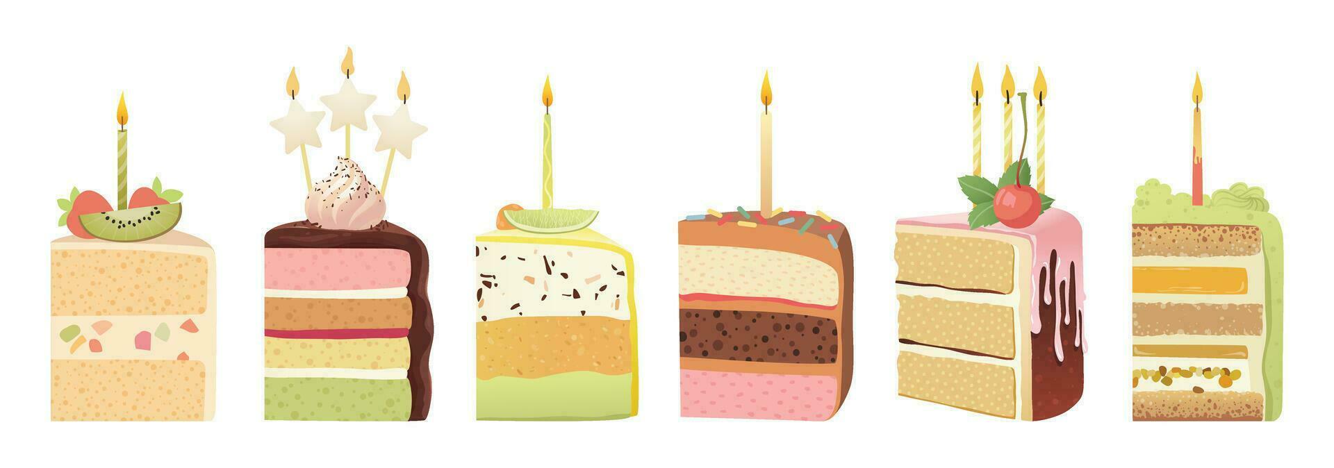 Birthday cakes slices with candles. Set of different pieces of cakes for greeting cards, stickers, banners, and postcards. Vector illustration isolated on a white background.