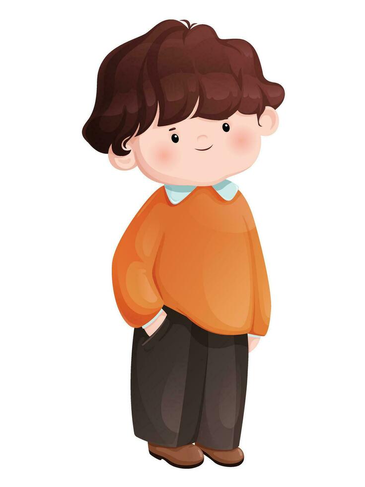 Cute, happy, smiling little boy in cartoon style. Cheerful kawaii children character schoolboy standing with his hand in his pocket. Vector illustration isolated on a white background.