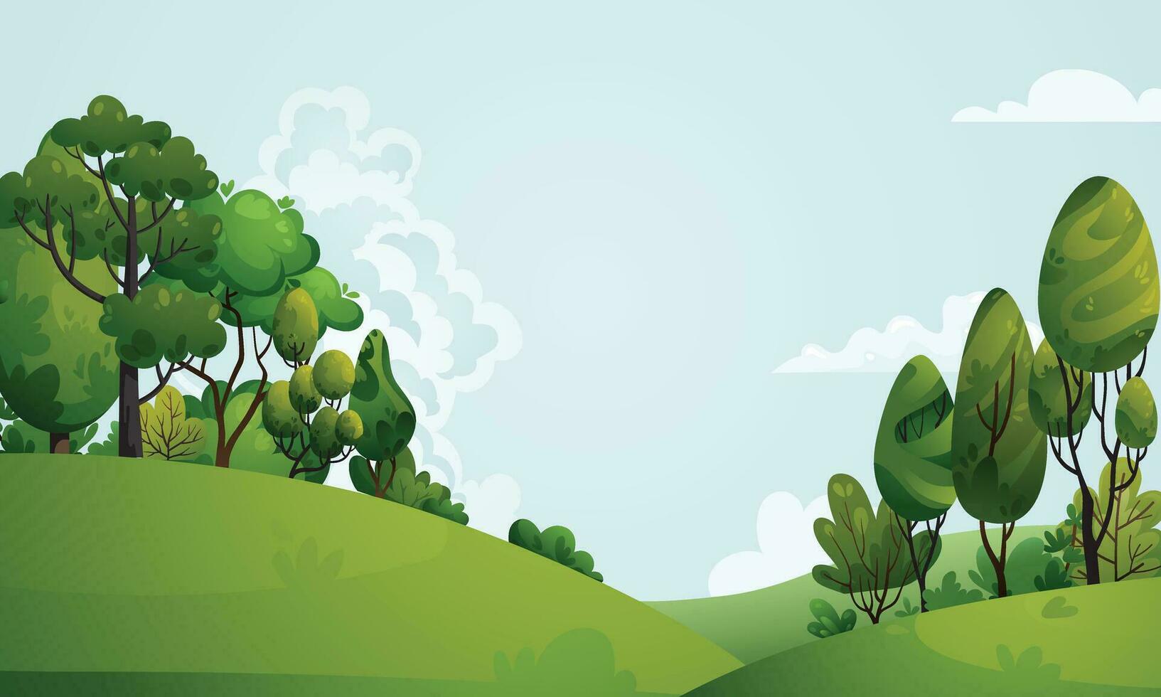 Summer nature landscape with hills, green trees, bushes, grass, meadow. Spring landscape with blue sky, clouds, forest, park, shrubs, trees in cartoon style. Woodland background vector illustration.