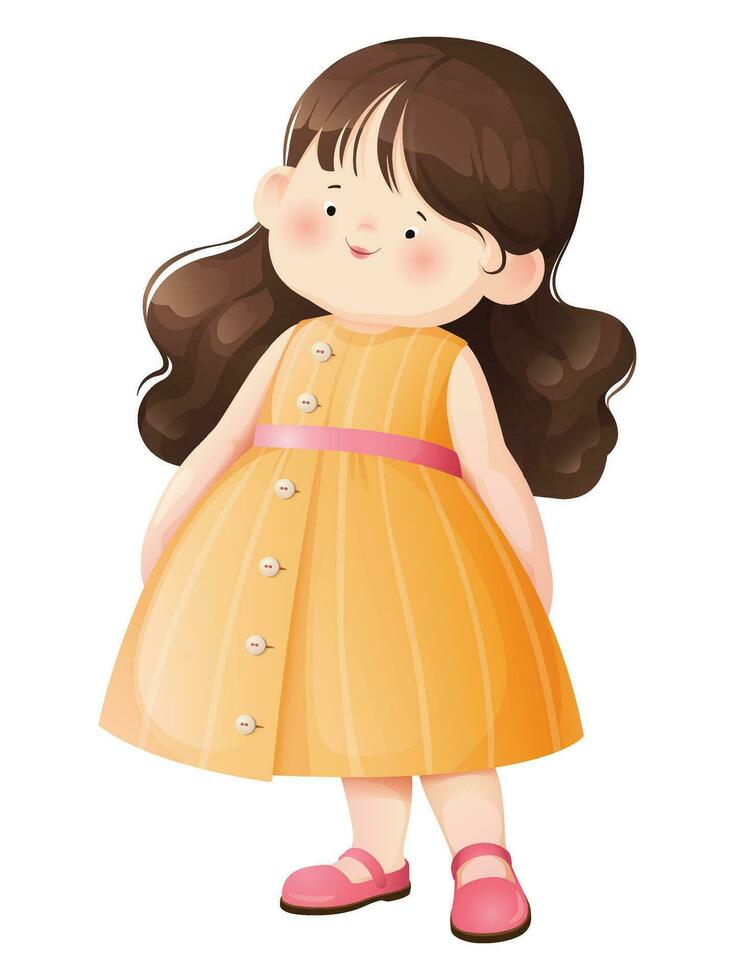 Cute, smiling little girl kid character. Pretty girl cartoon children's character. Happy kawaii girl for cards stickers, print, and fabrics design. Vector illustration EPS.