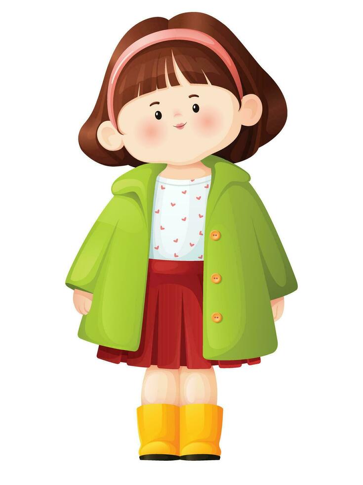 Cute, smiling little girl kid character. Pretty girl in a coat cartoon children's character. Happy kawaii girl for cards stickers, print, and fabrics design. Vector illustration EPS.