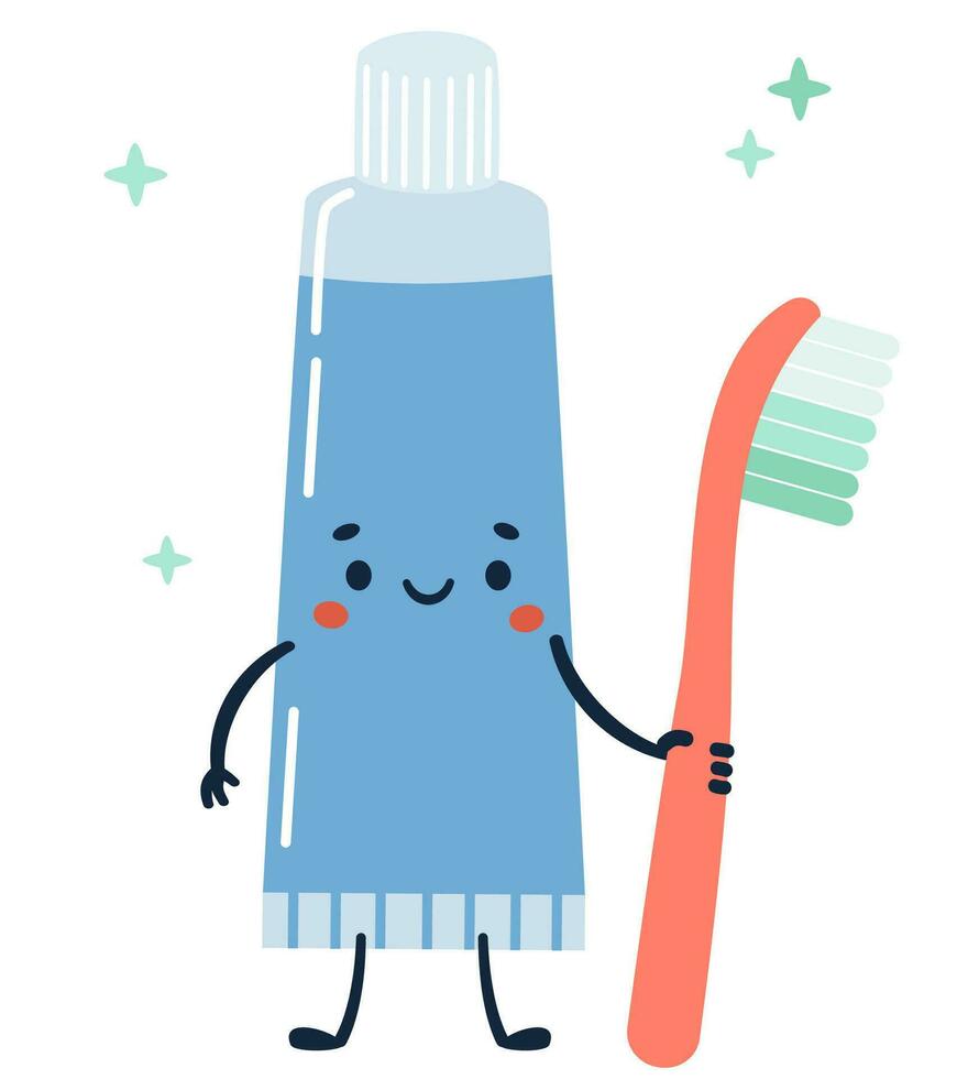 Flat vector illustration. Toothpaste with smiling face, standing and holding a toothbrush in his hand. Child style, white background