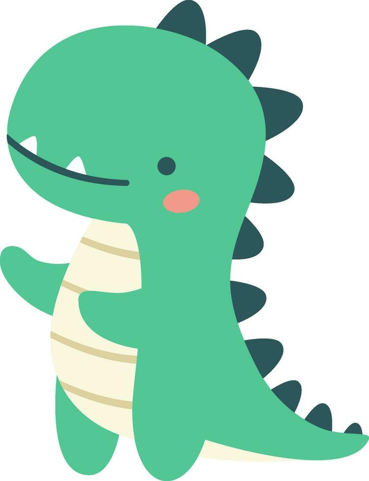 Cute green dinosaur in simple child style on white background, flat vector illustration
