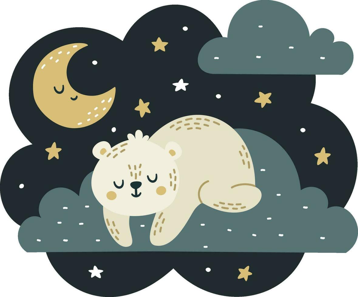 Flat vector illustration in children's style. Cute polar white bear sleeping on a cloud. Night sky and moon