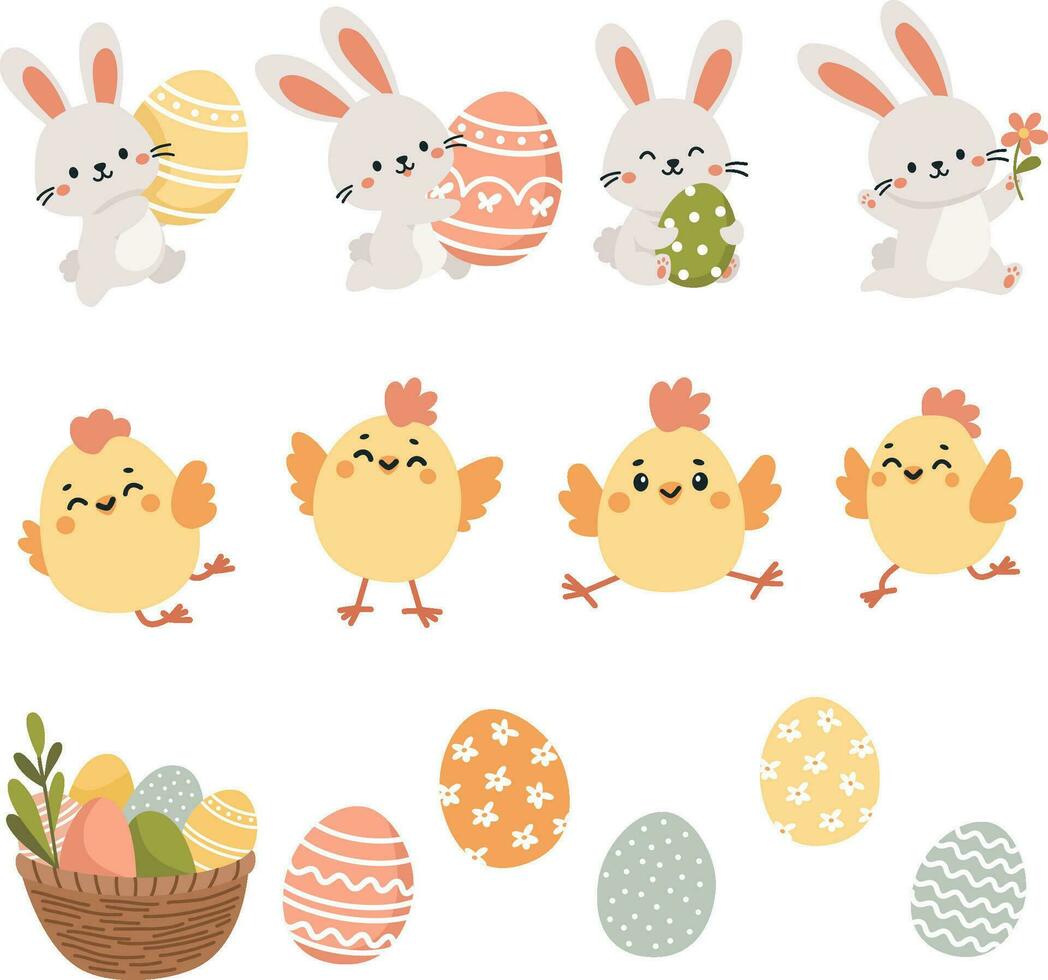 Vector set illustration for easter holiday. Cute Easter bunny, eggs and chickens, basket with Easter eggs