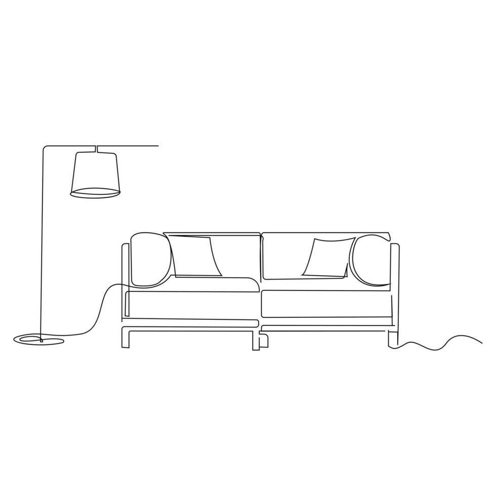 Single and double sofa continuous one line outline vector drawing and sofa with lamp or plant design art illustration