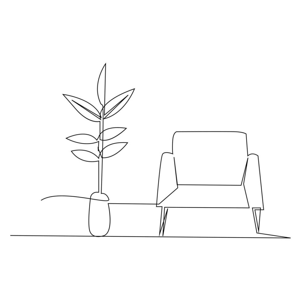 Single and double sofa continuous one line outline vector drawing and sofa with lamp or plant design art illustration