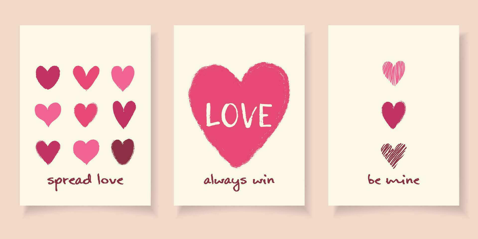 Set 3 celebration cards on beige background and modern typography in flat vector style. Happy Valentines day concept. Hand drawn grunge textured hearts. Holiday seasonal decoration