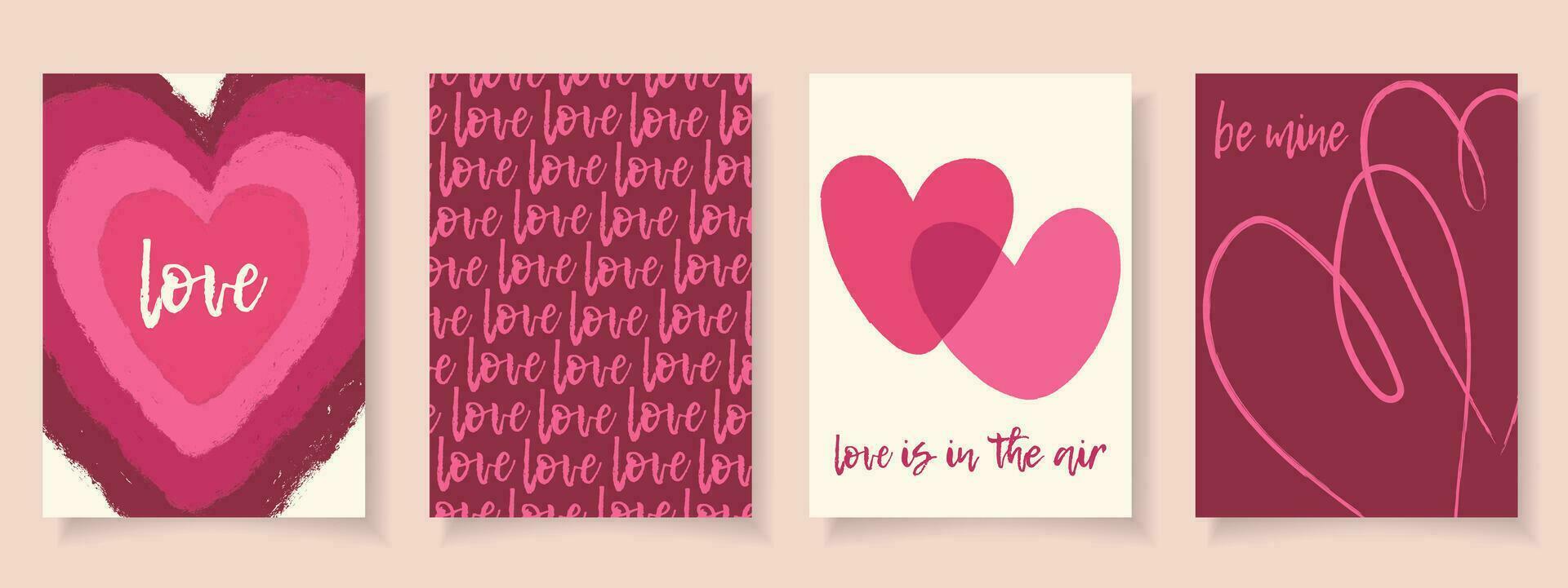 conjunto 4 4 de moda festivo tarjetas y de moda tipografía en plano vector estilo. contento san valentin día concepto. mano dibujado grunge texturizado corazones. fiesta estacional decoración