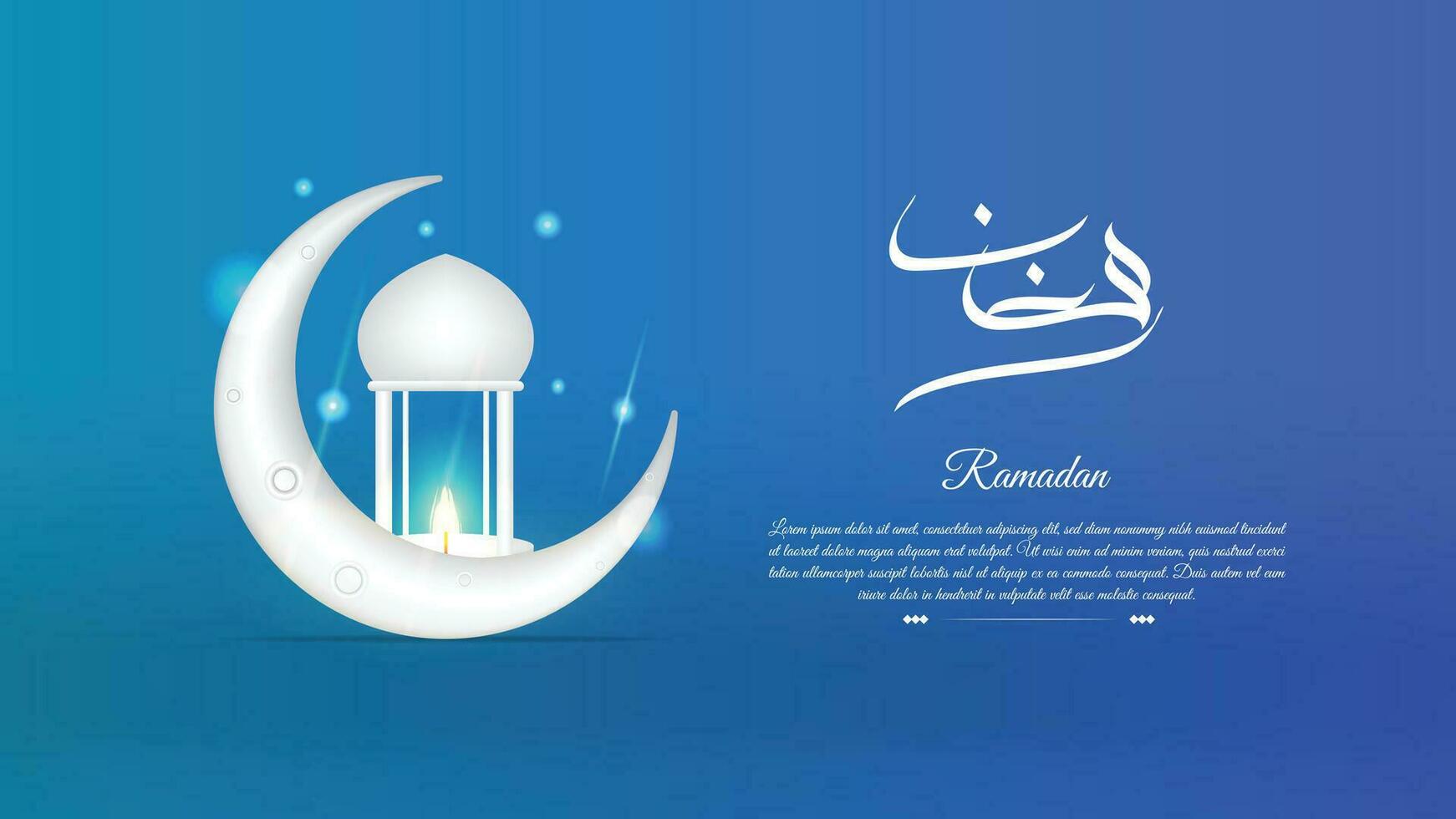 Ramadán saludo tarjeta con creciente, linterna, y Ramadán texto en Arábica caligrafía. traducir - Ramadán vector