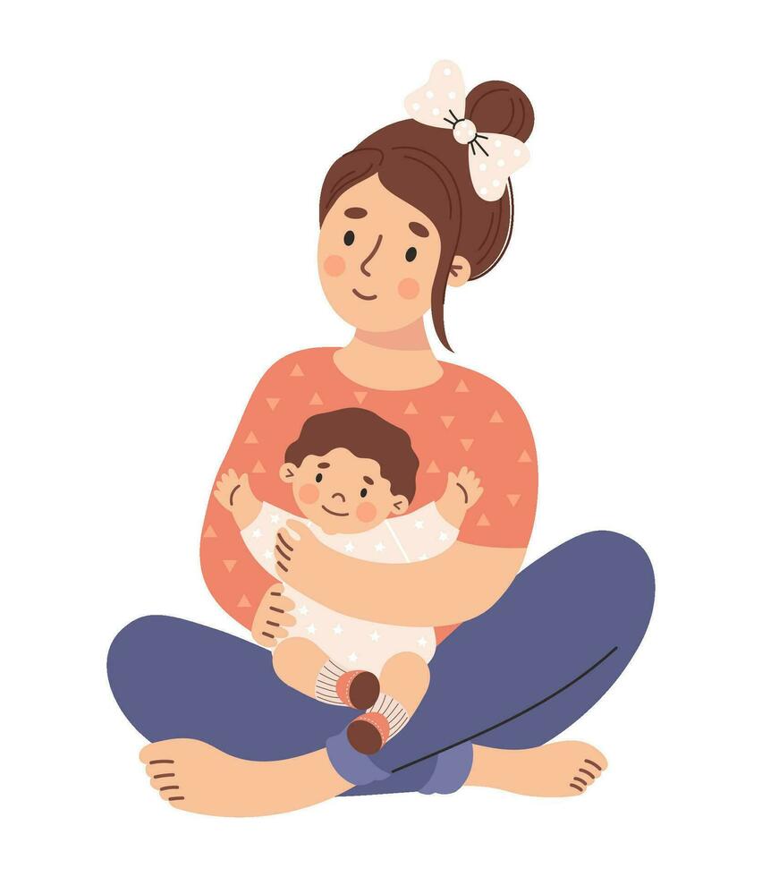 Happy woman with small child. Cute female character mother with baby. Vector illustration in flat style.