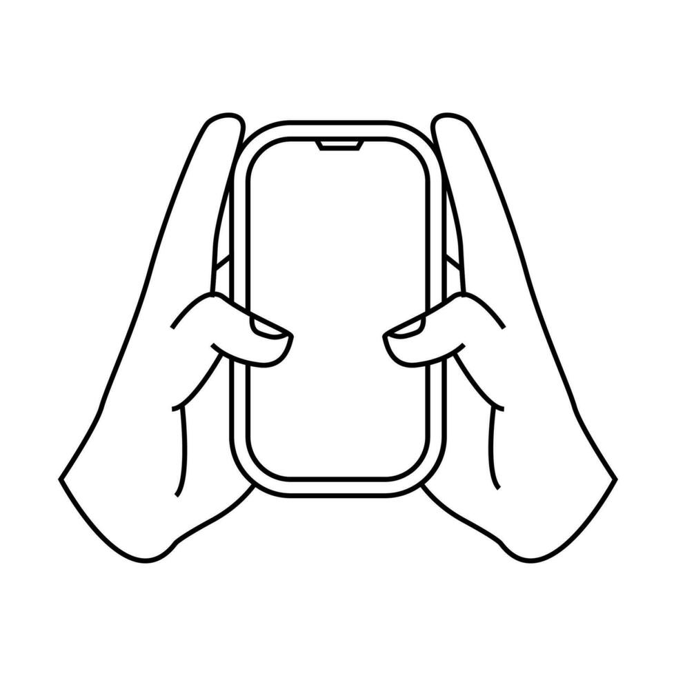 Icon of both hands holding a phone. Simple illustration of a hand holding a smartphone. Symbol of hand with phone vector