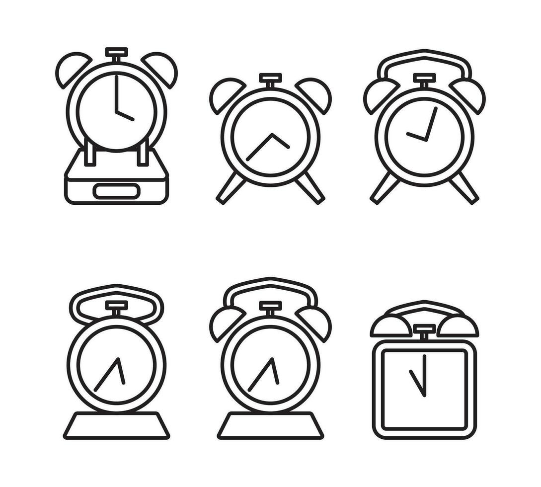 A collection of simple icons of an alarm clock. Collection of line art style clock icons on an isolated white background vector