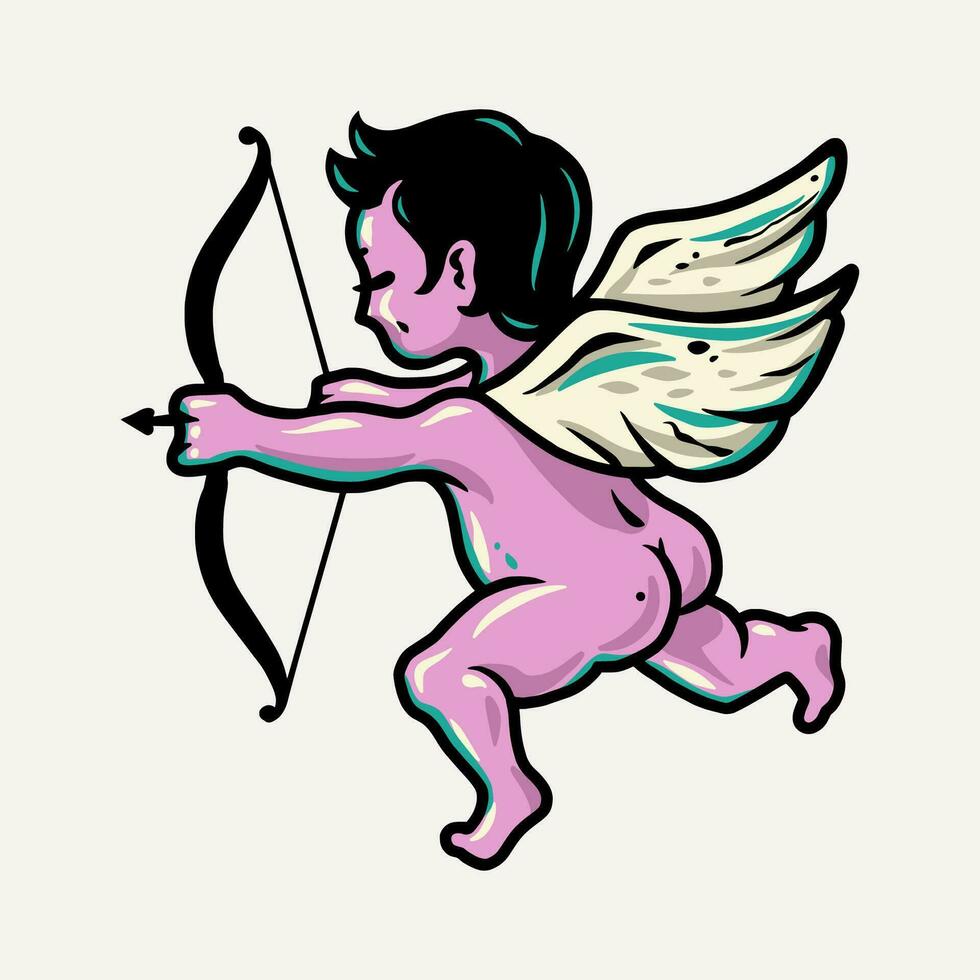 Flying baby cupid angel with bow and wings for the Valentines love day. Colored vector illustration