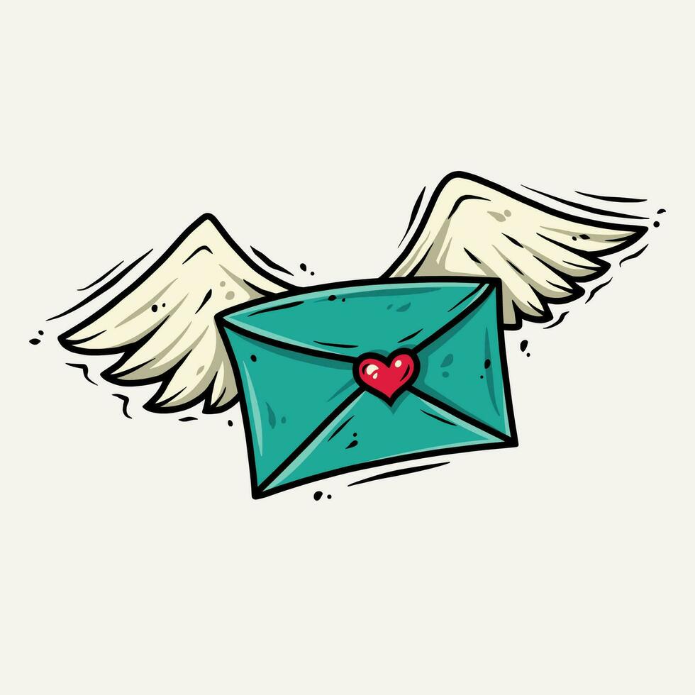 Letter with wings and heart. Valentines Day love holiday. Colored vector illustration