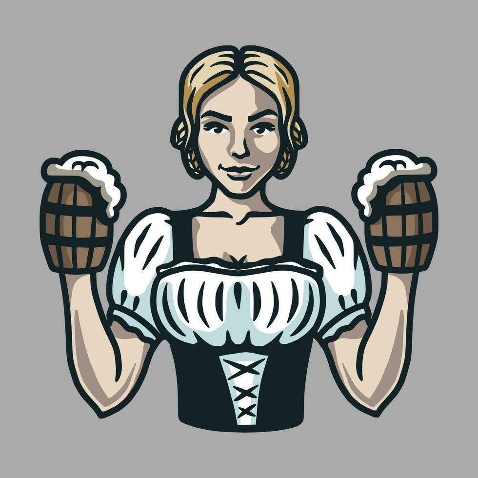 Girl with two pints of beer logo emblem bar menu vector