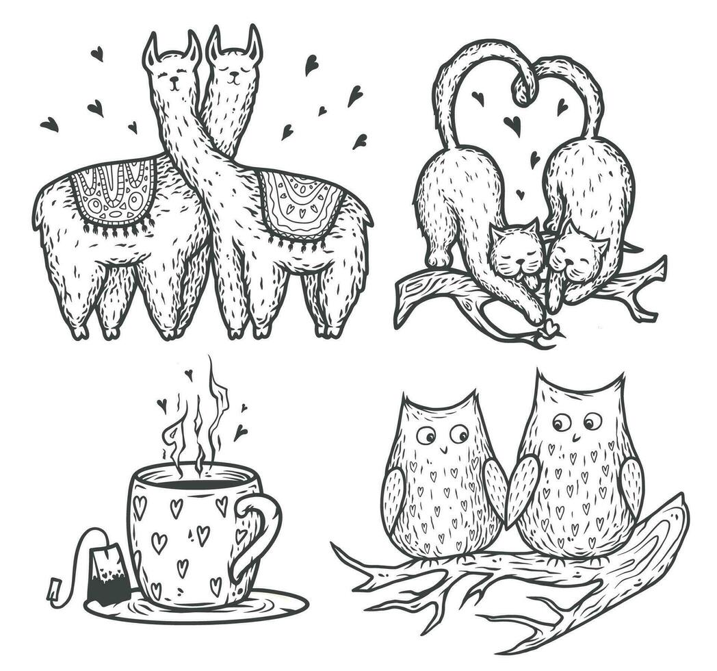 conjunto de amantes en rama para el san valentin día amor tarjetas romántico ilustración de lama, gatos, búhos en amor vector