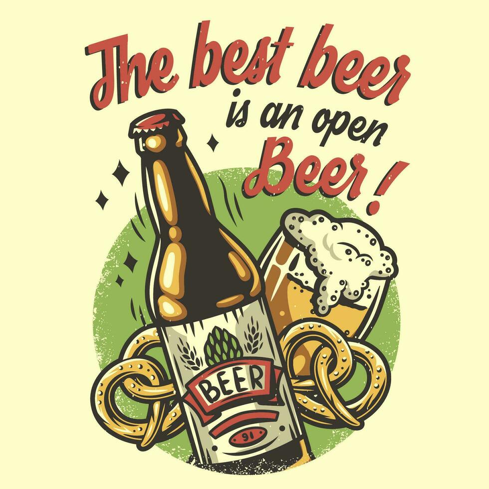 camiseta impresión con cerveza taza, galleta salada y botella vector