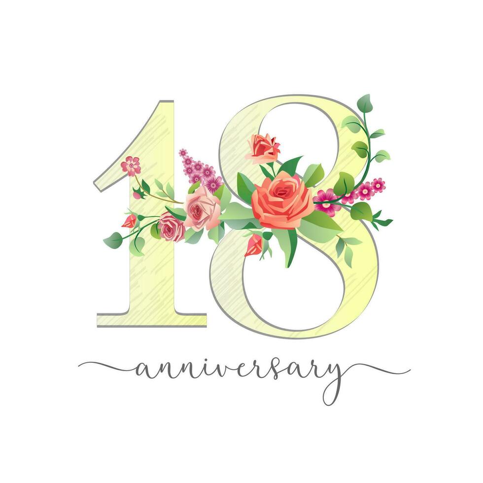 Number 18 sketch style design with floral elements. Happy 18th anniversary creative icon with vintage roses. Graphic template. Cute logo. 18 years old symbol. Retro flowers. Isolated sign. Rose decor. vector