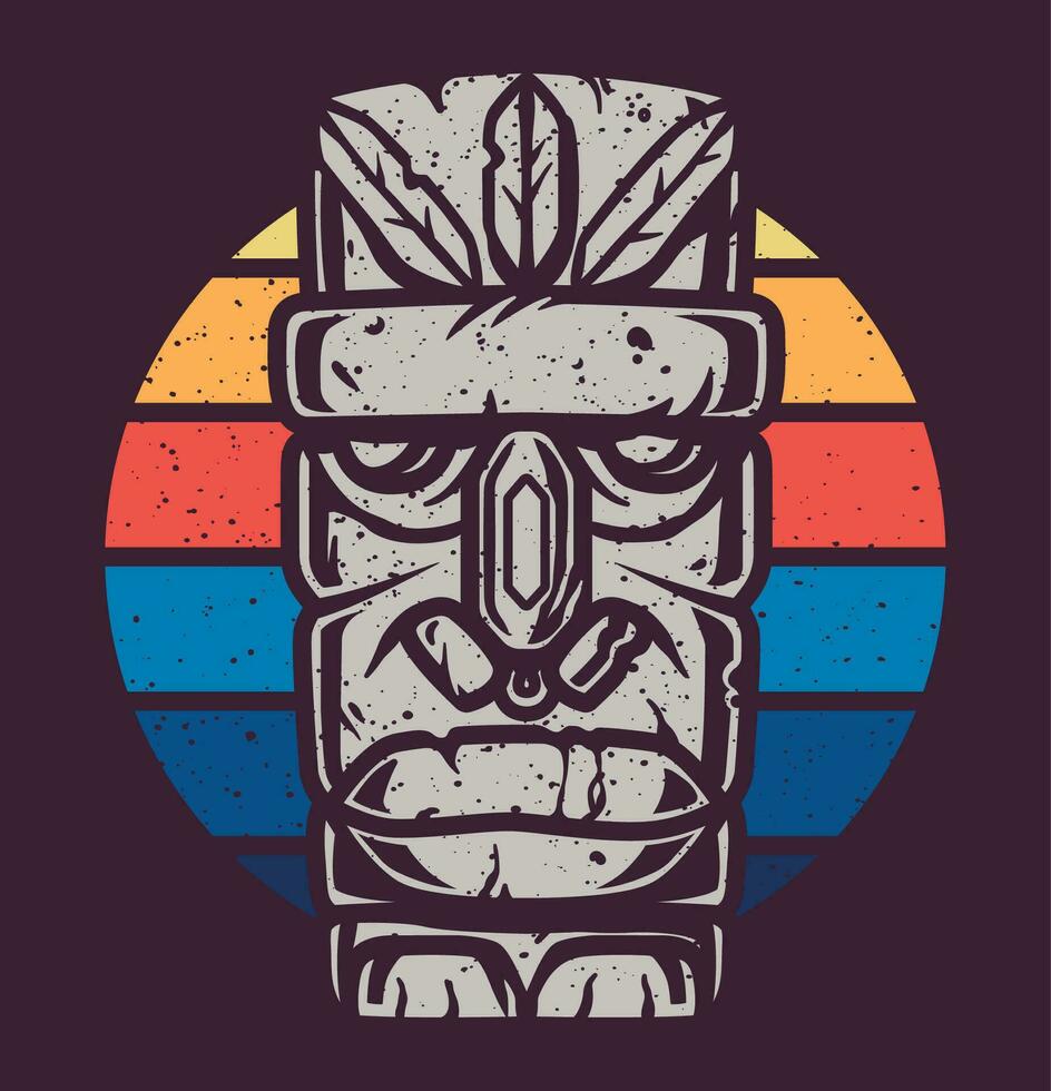 Surfing print of stone tiki mask, face idol vector