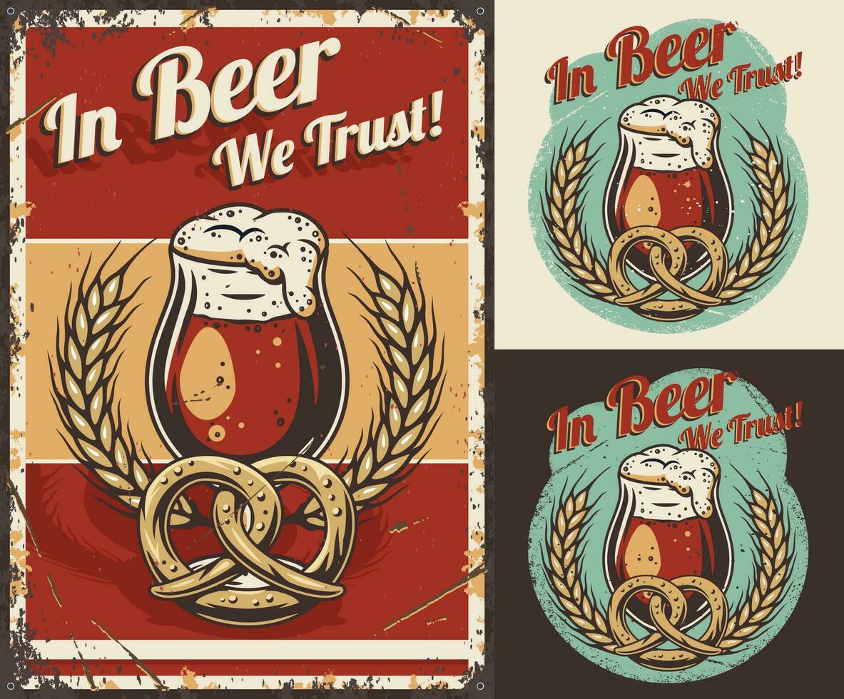 Set of poster, print with beer mug and pretzel vector