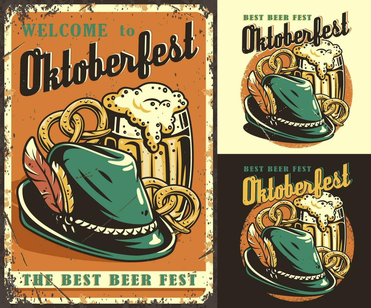 Set of poster, print with bavarian hat and pretzel vector