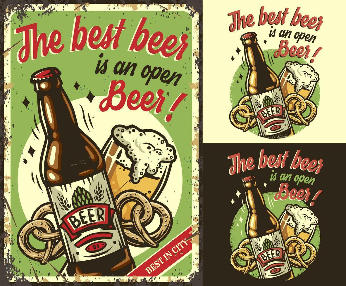 conjunto de póster, impresión con cerveza taza, galleta salada botella vector