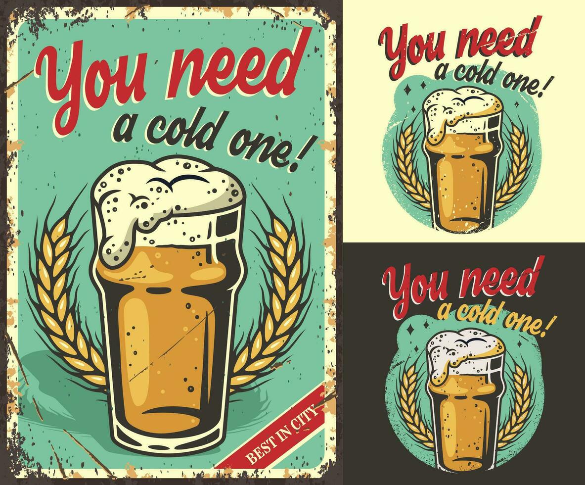 Set of poster, print with beer mug and barley vector