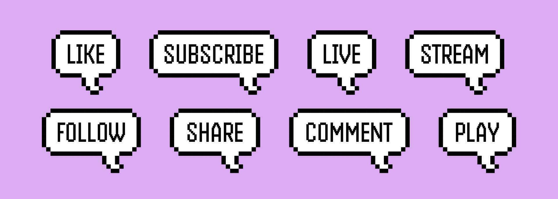 Pixel speech bubbles pack. Text boxes for social networks, podcasts and chats. Vector illustration in 8 bit pixel art style.
