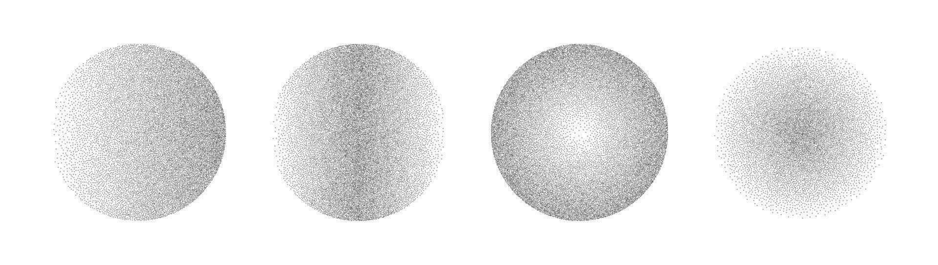 Gradient noise circles made of grains and dots. Halftone round pattern elements with gradation from dark to light. Vector isolated illustration on white background.