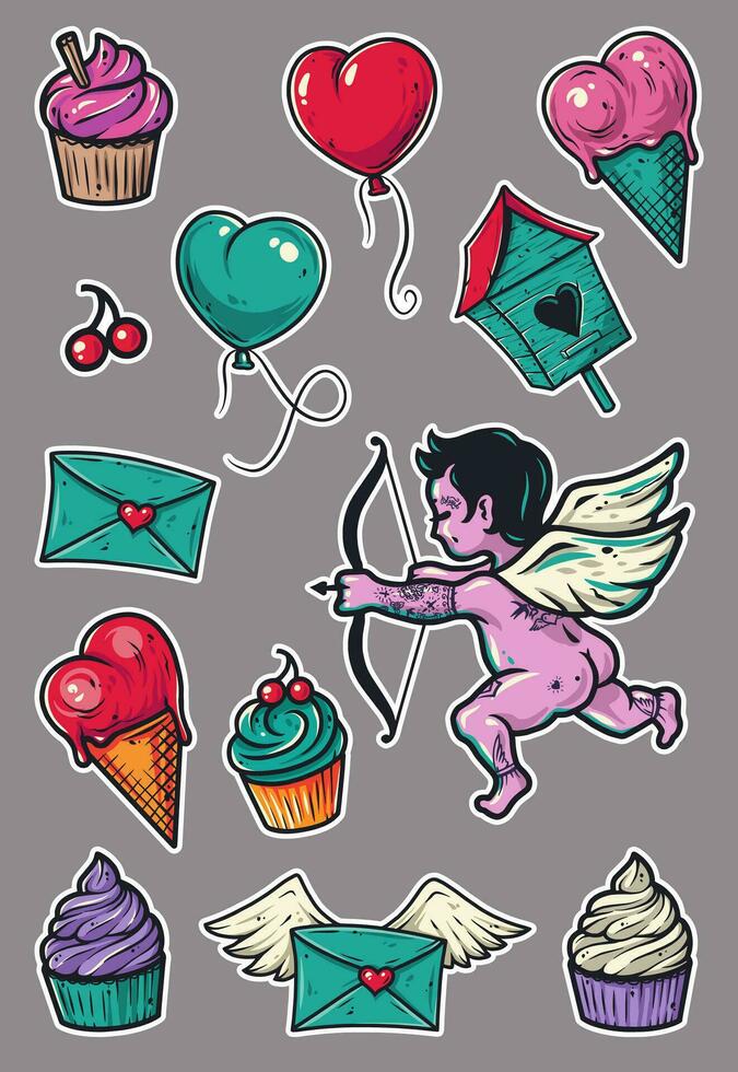 Set of love elements for Valentines Day holiday of kids. Romantic sticker pack for wedding invitations, greeting cards, scrapbooking, print and party design vector