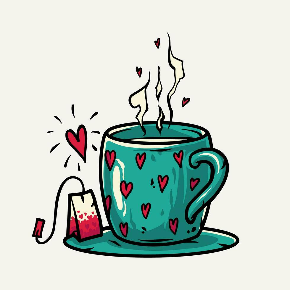 taza de té con corazones bolso para el san valentin día tarjeta. de colores vector ilustración