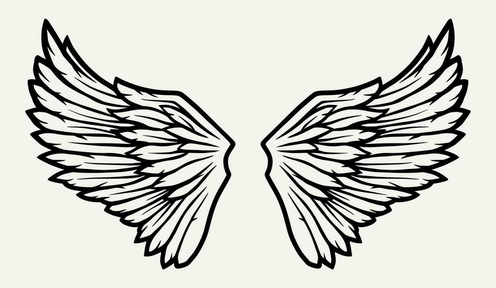 Pair of bird wings with feathers. Outline vector illustration of freedom