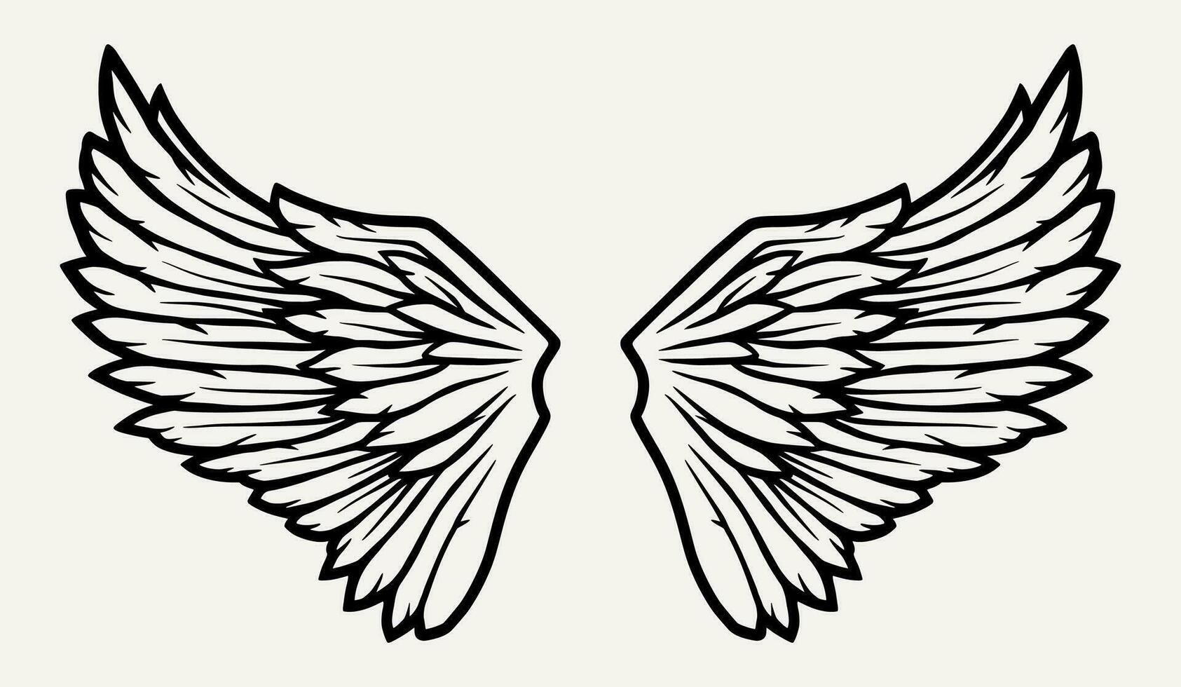 Pair of bird wings with feathers. Outline vector illustration of freedom