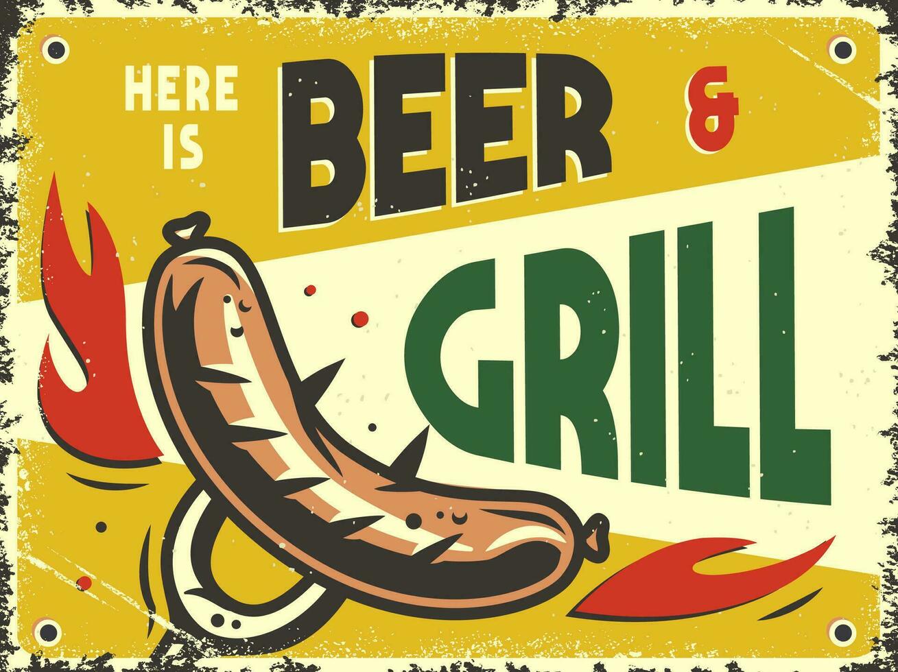 Retro poster with grill barbeque sausage on a fork vector