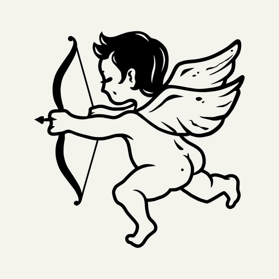 Flying baby cupid angel with bow and wings for the Valentines love day. Outline vector illustration