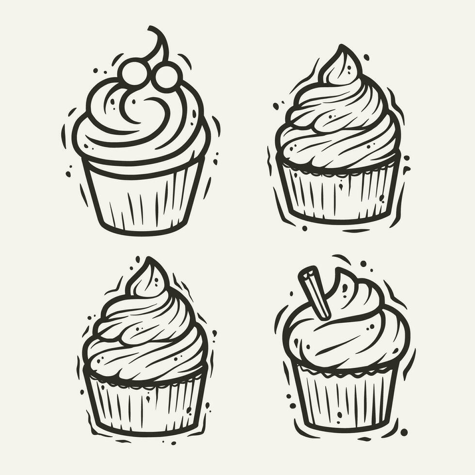 Cupcake outline illustration, cream cake muffin birthday dessert vector