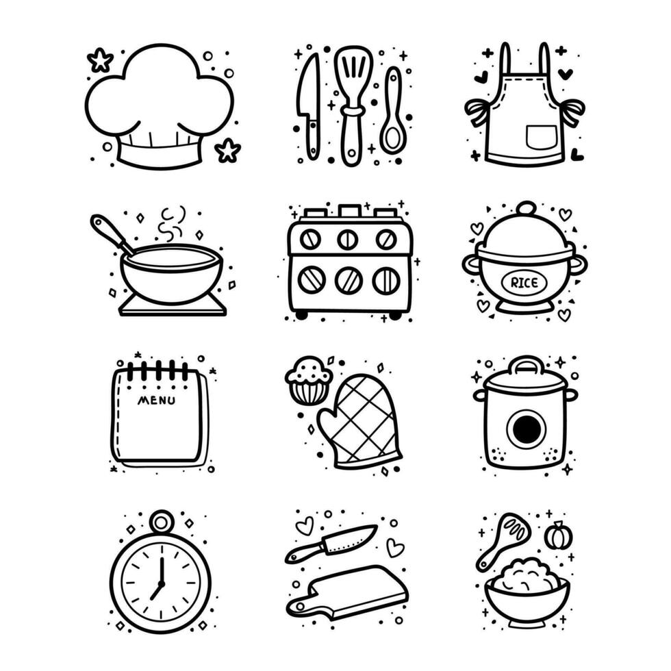 Cooking essentials line art collection, cute icons and decorative elements by hand drawing, vector illustration.