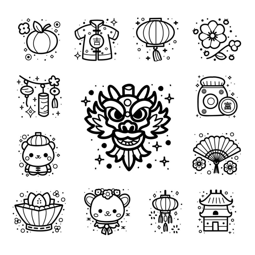 Icon collection of charming Chinese new year, hand drawn with cute line art style, vector illustration.
