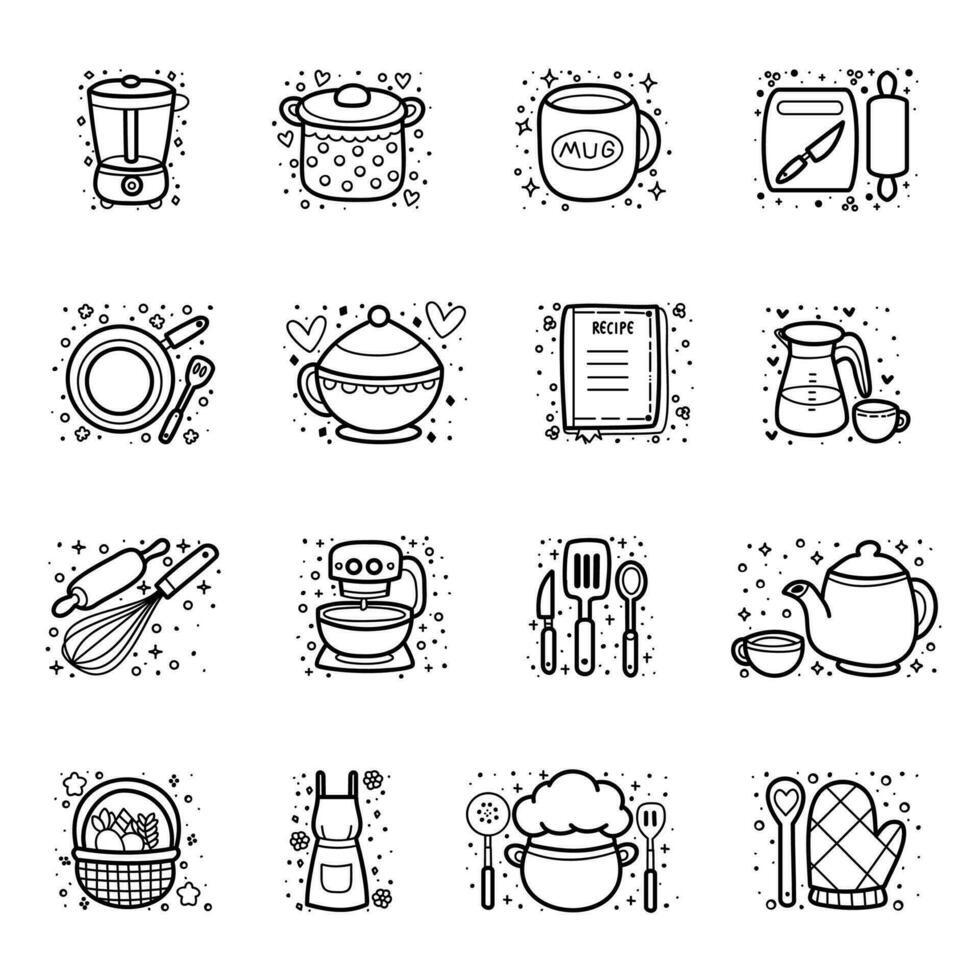 colección de acogedor batería de cocina y utensilios elementos, linda mano dibujo iconos, vector ilustración.