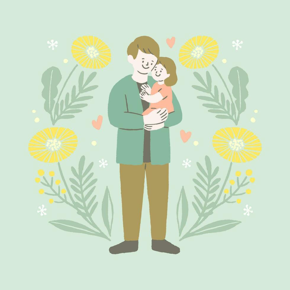 dibujado a mano estilo papá participación hija con floral frontera ilustración vector