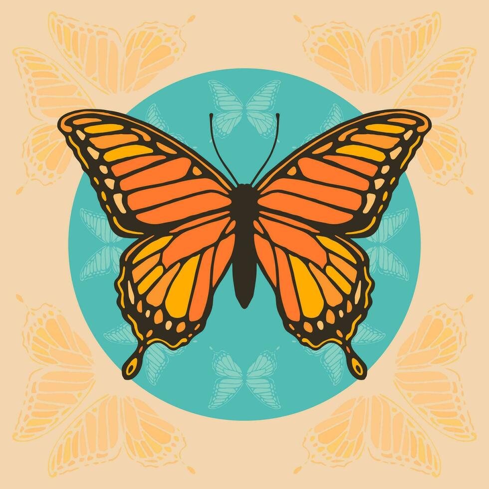 Illustration of a orange and yellow butterfly on a peach color background. Vector illustration.