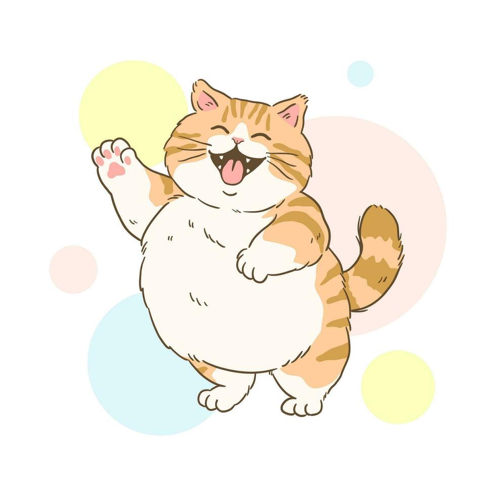 Cheerful Dancing Tabby Cat with Colorful Circles Background vector